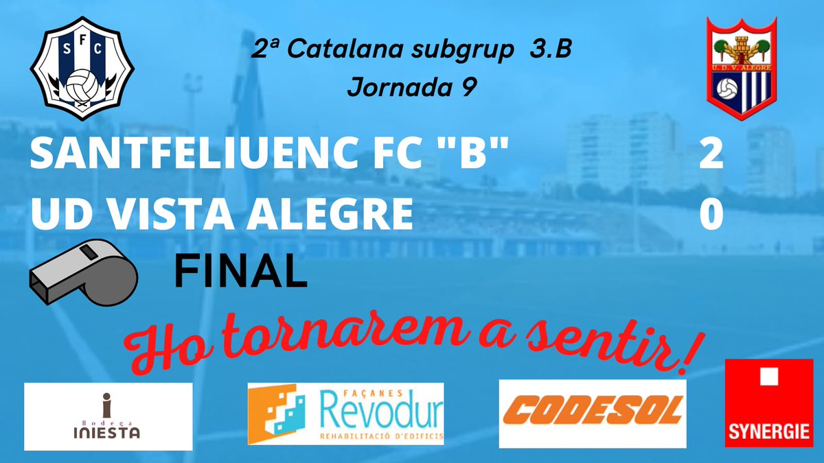 SantfeliuencFC's tweet photo. #Filial Finaaaaaaal ✅️ 3 punts vitals per als de Jacobo davant un gran rival que s'ha quedat amb 10 al minut 60. 

#DerbiDelBaix

2️⃣ @SantfeliuencFC
0️⃣ @UDVistaAlegre

#HoTornaremASentir https://t.co/b7lHYyMWHP