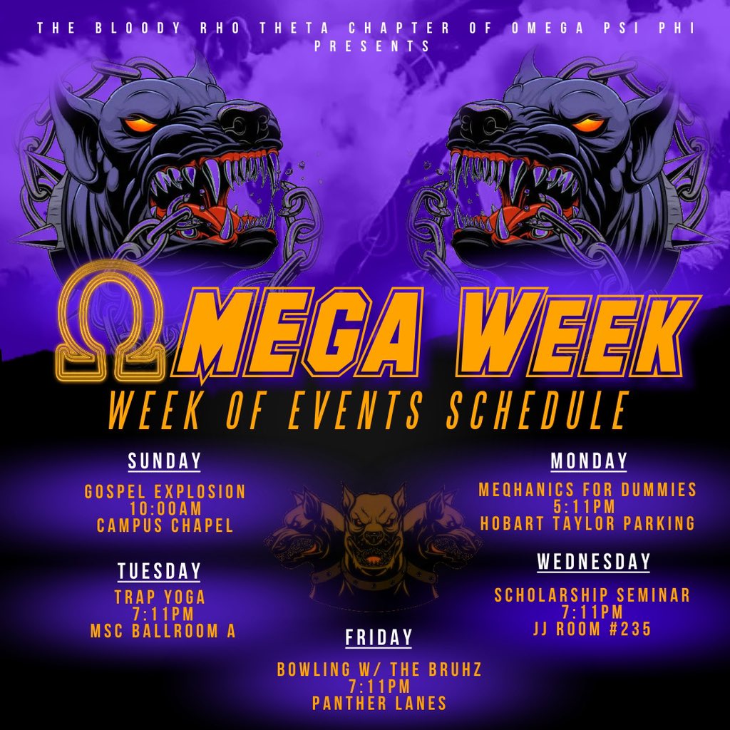 The Bloody Rho Theta Chapter is elated to present Omega Week!
Come support your favorite Ques as we celebrate our fraternity’s founding with a week of fellowship, scholarship, and fun. Check out our week of events to stay updated! #RhoThetaOmegaWeek2K22 🩸
