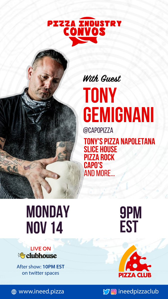 On Monday we will have Tony Gemignani with us!

Every Monday night we hold audio-only live conversations with pizza industry movers and shakers on the Clubhouse app.

clubhouse.com/event/m2YX2ey9…

#pizza #restaurants #foodindustry