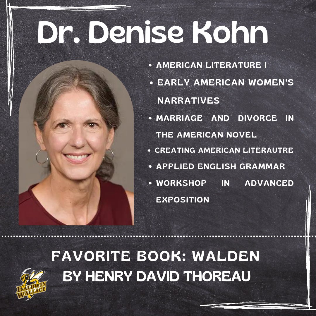 🌟FACULTY SPOTLIGHT🌟
Dr. Denise Kohn obtained her Ph.D. from the University of Houston and is a specialist in eighteenth/nineteenth-century American literature. Her favorite books are 'Walden' by Thoreau and 'The Story of Avis' by Elizabeth Stuart Phelps. Thank you, Dr. Kohn!