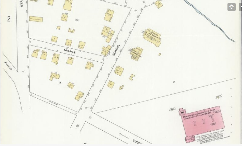 CharltonHistory's tweet photo. This is #CharltonCity in 1910 &amp; today. Get your bearings from Maple St which connects Stafford &amp; School/Rt 20. St Joseph's church was at the Mobil station with Charlton City Grammar School next door &amp; on Gillespie Rd then called South Rd you see the big Trolley Car Barn. #history https://t.co/telTPQPj7E