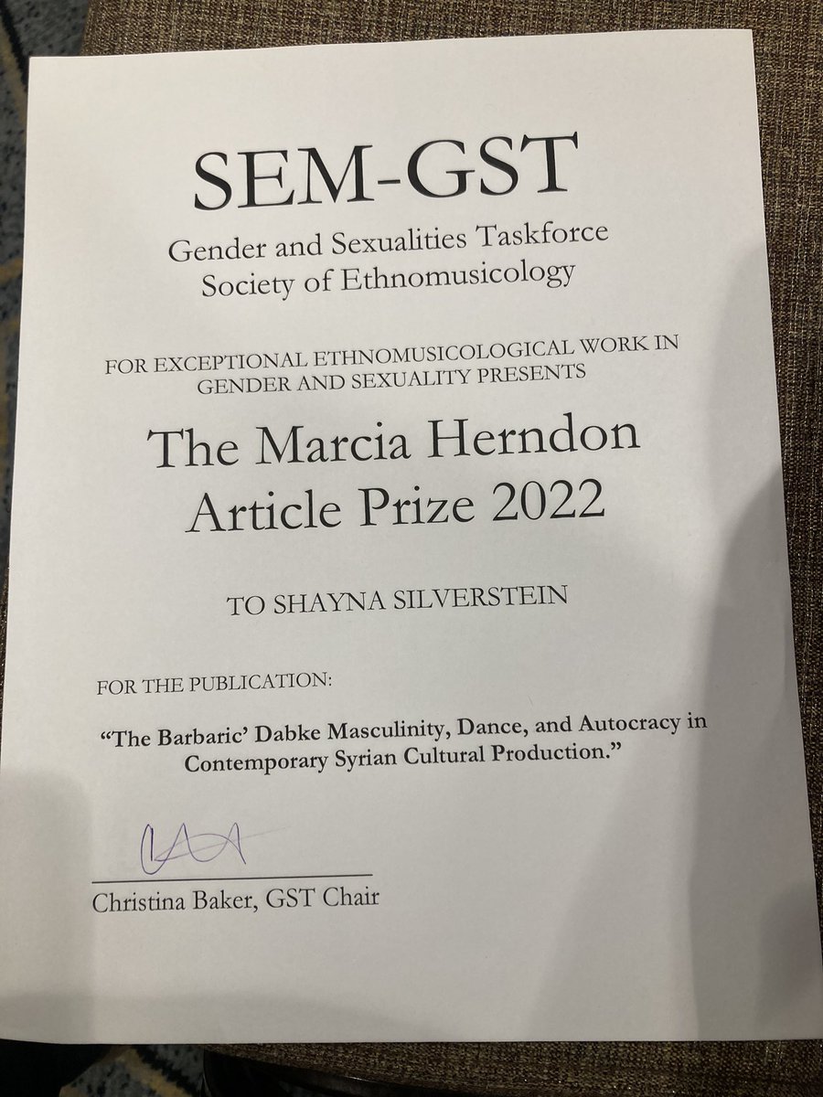 Delighted to receive some recognition from the Gender and Sexualities Taskforce of SEM for an essay I published last year in the Journal for Middle Eastern Women’s Studies <a href="/jmews/">JMEWS</a>. Thanks to the committee for their work! Inspo to keep on keeping on 🙏🏼