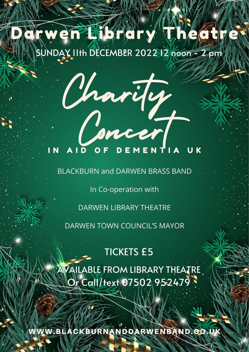bandsassy's tweet photo. @DarwenLTheatre Sun 11th Dec 12-2pm, tickets only £5 in aid of Dementia UK #darwen #brassband https://t.co/LRyrusIuN2
