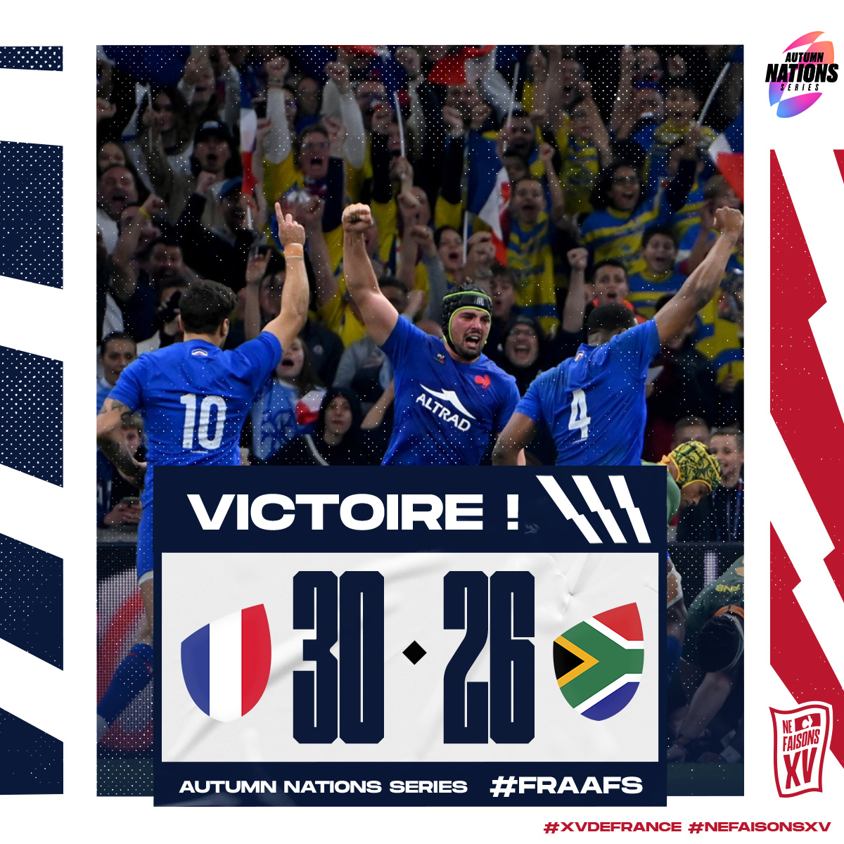 𝐕 𝐈 𝐂 𝐓 𝐎 𝐈 𝐑 𝐄 🇫🇷🤩 Les Bleus s'imposent pour la 12ème fois consécutive et font tomber les Champions du Monde ce soir à Marseille ! 😍 #FRAAFS #XVdeFrance #NeFaisonsXV