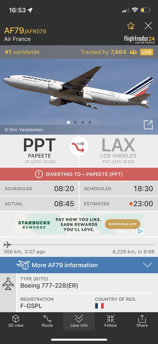Benoitclair's tweet photo. Vol #AF079 #PPT to #LAX in General Emergency is returning to #Papeete just 3 hours after departure.#Boeing 777. https://t.co/OTrSMZq1pK