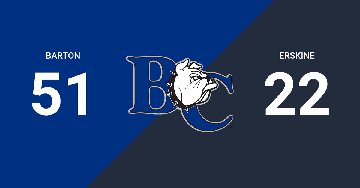 BartonAthletics's tweet photo. FINAL | FOOTBALL | BULLDOGS WIN! . Barton 51, Erskine 22 . Bulldogs roll on Senior Day! . Truist Stadium . Jordan Terrell (226 yards rushing, five scores) . #BartonBold . #BCBulldogs . @barton_fb https://t.co/LbVByJAURT