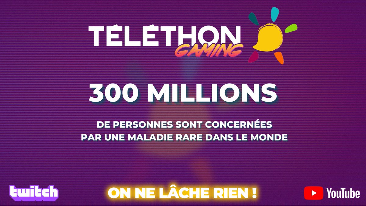#TéléthonGaming : tous concernés !

300 millions de personnes sont concernées par une maladie rare dans le monde.

Faites un don : bit.ly/TelethonGaming…
Suivre le stream : linktr.ee/telethongaming

On ne lâche rien ! 🔥