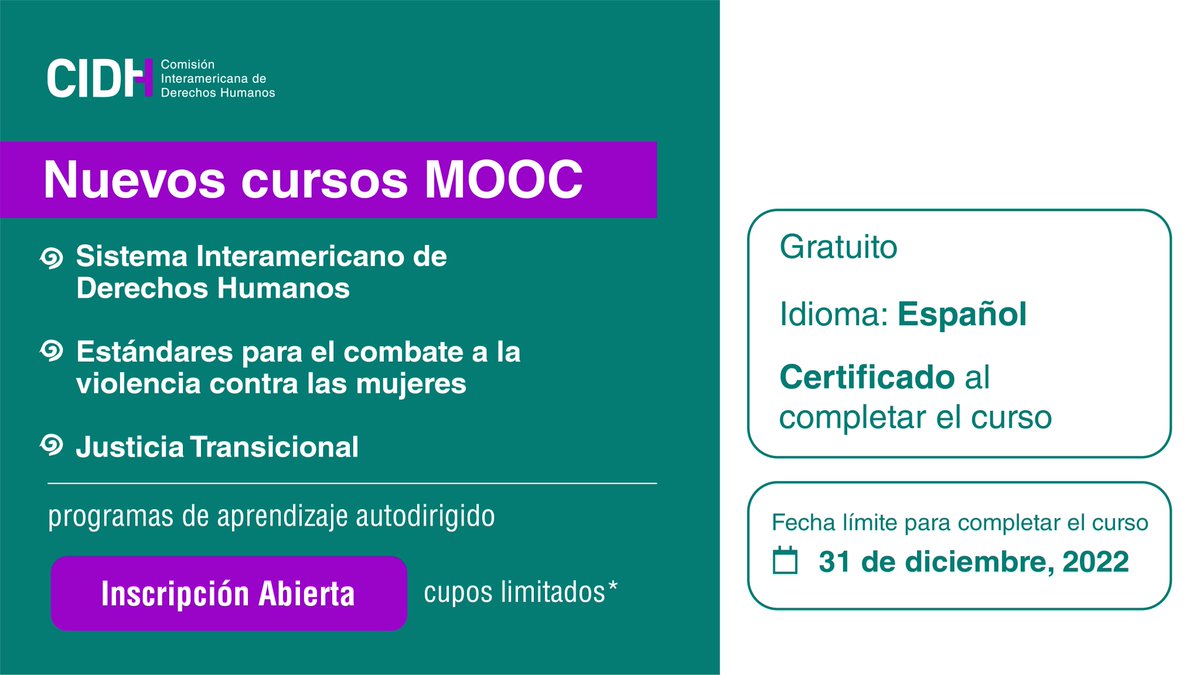 ¿Te interesa conocer más sobre #DerechosHumanos? 
#CIDH te invita a los nuevos cursos MOOC, donde aprenderás sobre el Sistema Interamericano y sus mecanismos; estándares para combatir violencia contra las mujeres; y justicia transicional. 
✍️ bit.ly/2ZFLoP3