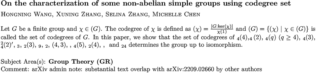 arxiv.org/abs/2211.05287…
H Wang et. al.
On the characterization of some non-abelian simple groups using codegree
  set