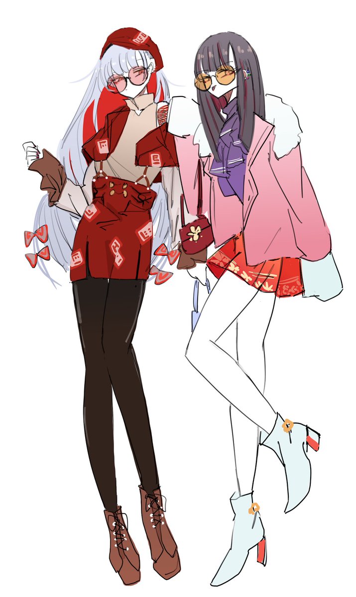 fujiwara no mokou ,houraisan kaguya multiple girls 2girls long hair black hair skirt boots red skirt  illustration images