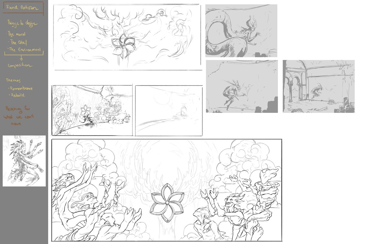 Thumbnailing went surprisingly quick and easy. My spin would be to have creature paint instead of making stick dolls. The mural would be the heart of the full piece- and express the wishes of its painter, longing for the uncorrupted and the natural like the rest of its kind 