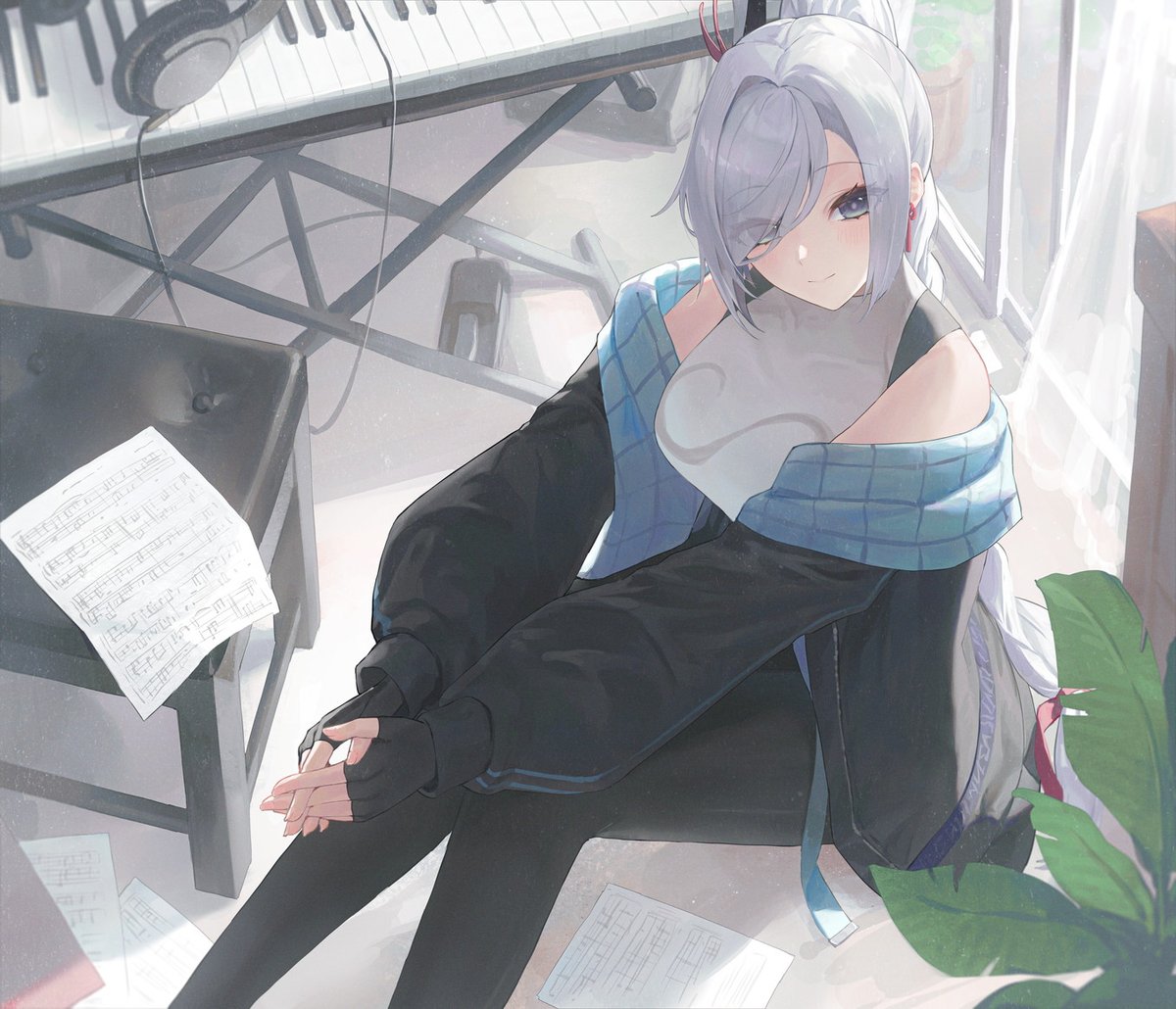 shenhe (genshin impact) 1girl solo piano jacket sitting long hair instrument  illustration images