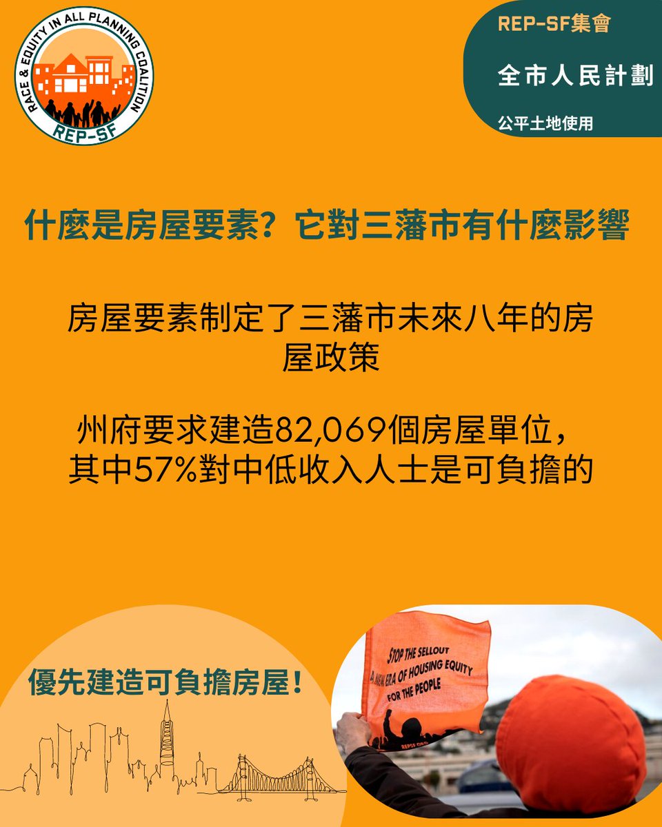 REPCOALITIONSF's tweet photo. 什麼是房屋要素?它對三藩市有什麼影響
🏩🏗🏩🏗🏩🏗🏩🏗🏩
Join us at the REP-SF RALLY: CITYWIDE PEOPLE'S PLAN FOR EQUITY IN LAND USE
➡️Tuesday November 15th @ 1pm⬅️
#REPSF #affordablefirst #wewontbepricedout #planningtothepeople https://t.co/itBrnwUYoK