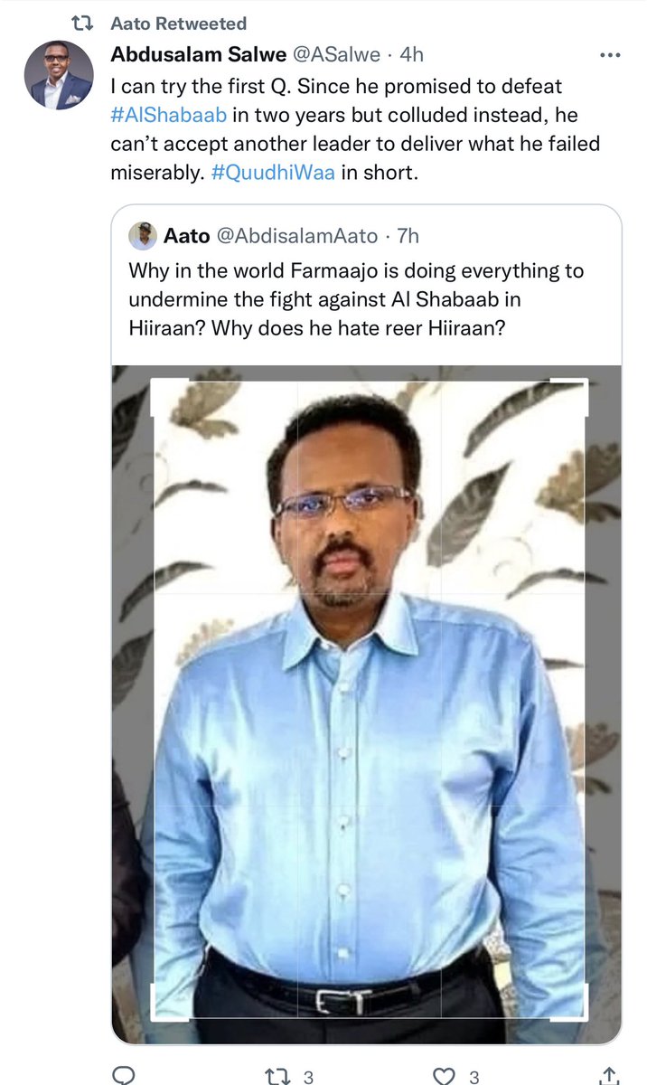 Somali_Lawyer's tweet photo. There are abhorrent attacks against @M_Farmaajo alleging he’s an accessory to #AlShabaab. It appears @TheVillaSomalia #Comms is at the behest of this agenda and it’s using #DAMSIMAD acolytes, #MBB clan agitators and @Dibjir agents as an attempt to divert attention away from #HSM. https://t.co/KkML6gFgEb