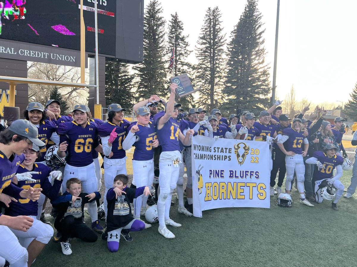 WHSAA_307's tweet photo. Congrats to the Pine Bluffs Hornets for winning the 2022 WHSAA 1A-9Man State Football Championship! They beat Shoshoni 33-27. https://t.co/cbThA2B3xm