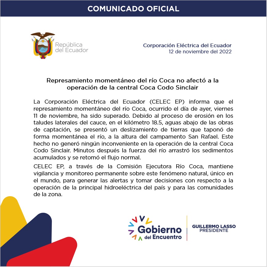 CELECEPOficial's tweet photo. COMUNICADO | El deslizamiento de tierra al margen derecho del río Coca, producido ayer viernes 11 de noviembre de 2022, no generó ningún inconveniente en la operación de la central Coca Codo Sinclair. El monitoreo del área es permanente. #EnergíaConPropósito https://t.co/zS7NDtuP9l