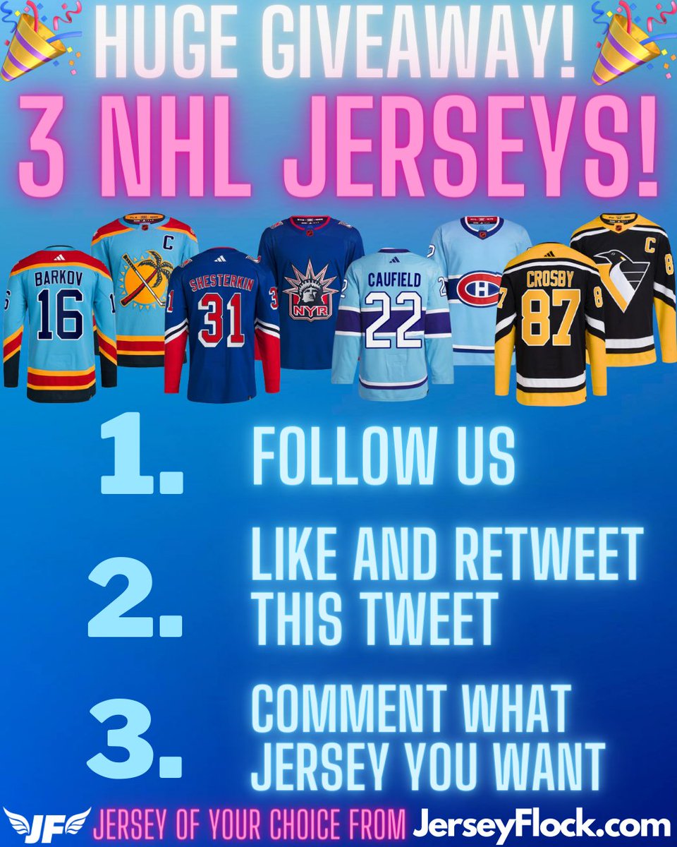 🎉GIVEAWAY‼️

We're giving away THREE NHL jerseys from JerseyFlock.com

To enter you must:

1. Follow us
2. Like and RT this tweet
3. Comment what jersey you want (can be any NHL jersey from JerseyFlock.com)

Winners randomly selected on Monday. Good luck!
