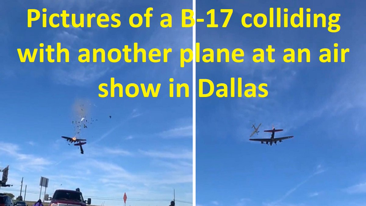 MERYINFO1's tweet photo. #Dallas_Airshow   11/12/22,
dallas air show crash today,
mid-air collision reported at dallas airshow,
#dallasairshow   plane crash,
dallas #Airshow  today plane crash
B 17 colliding with another plane at an air show in Dallas https://t.co/zWmd5g0fxZ via @YouTube https://t.co/iA2FRs0jM8