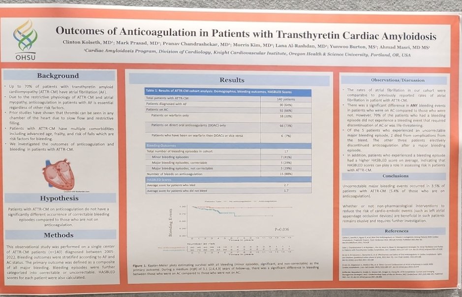 Clint Kolseth (current IM PGY-3 @OHSUIMRes and future chief) presenting at #AHA2022 on uncorrectable spontaneous bleeding as a surrogate for an acceptable hypothetical rate of LAAO devices use in #ATTR-CM #CardioTwitter