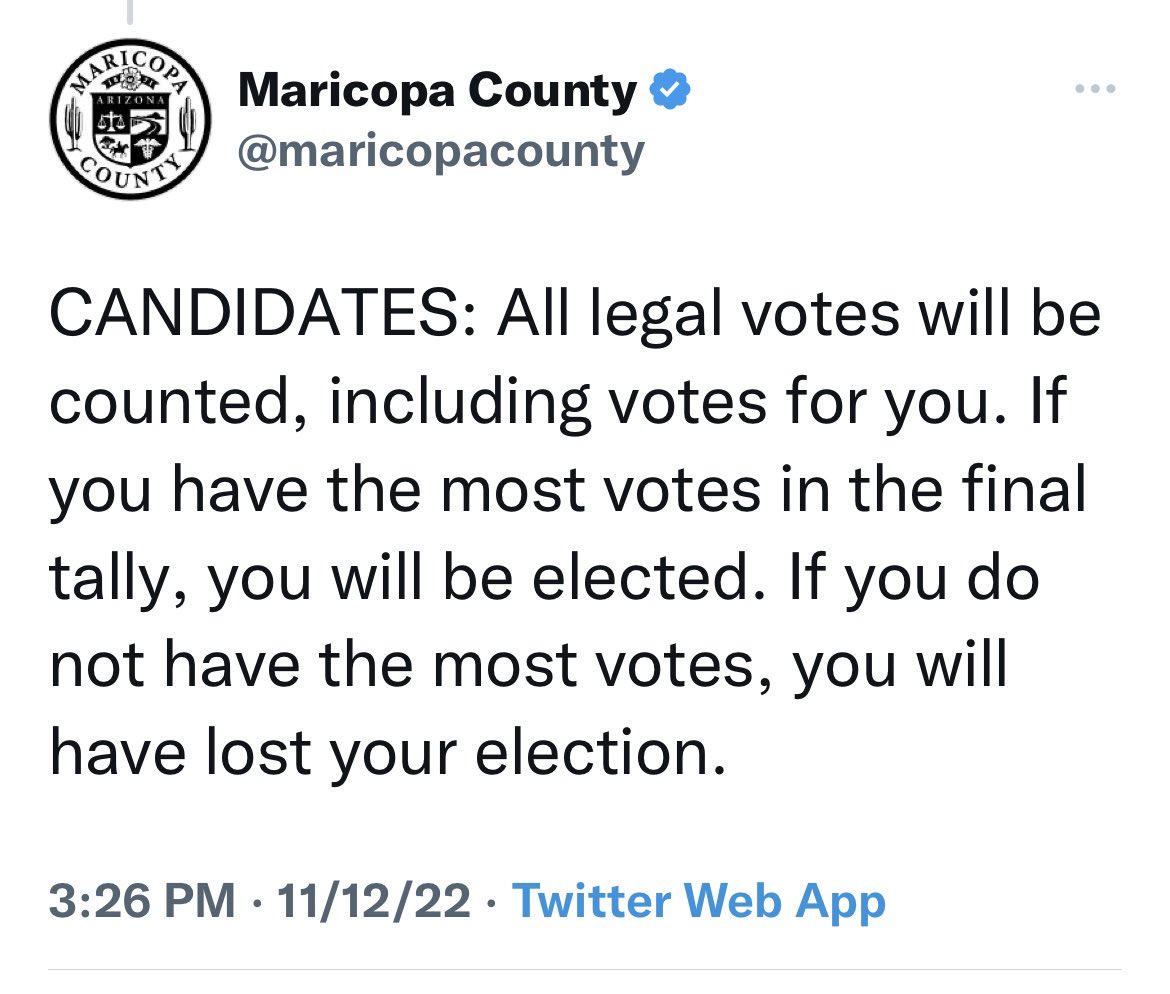 TheRealHoarse's tweet photo. Maricopa County subtweets notorious dipshit, Kari Lake. https://t.co/Rj1BxkwT8h