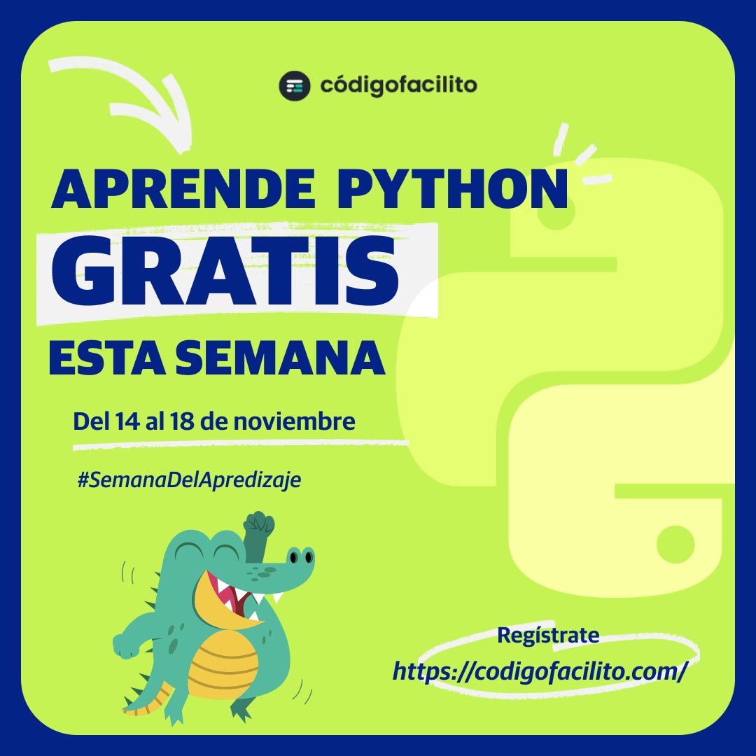 codigofacilito's tweet image. A partir de las 00:00 del Lunes 14 de Noviembre todos nuestro cursos estarán GRATIS✨
Aquí un hilo con los cursos que necesitas para aprender Python 👇