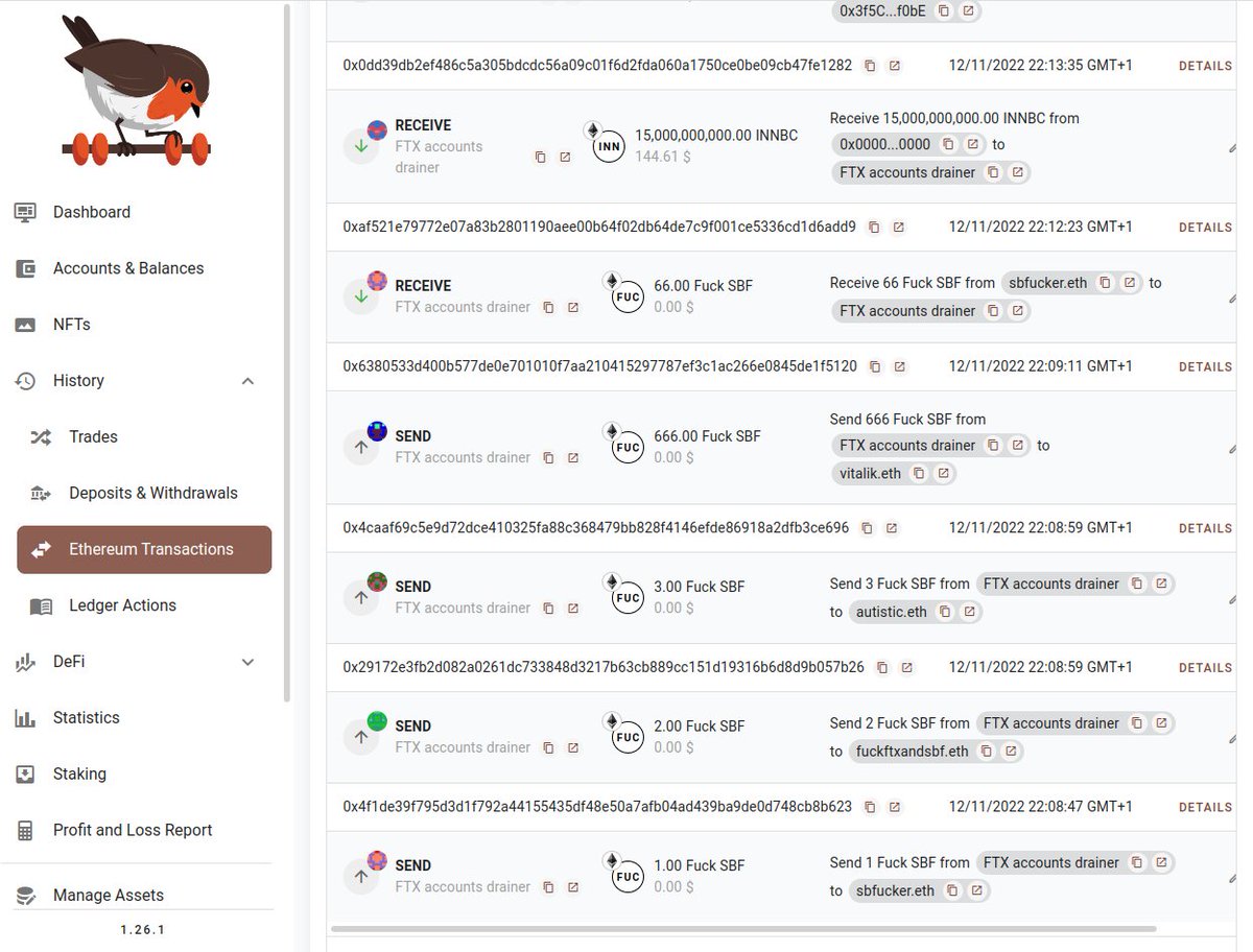 LefterisJP's tweet image. 😂Someone is having fun.

The @FTX_Official hacker has been trolling a lot.

(screenshot from @rotkiapp)

- Creating explicit @ensdomains names trolling @SBF_FTX 
- Creating expicitly named ERC20 tokens
- Sending those tokens around to various people including @VitalikButerin