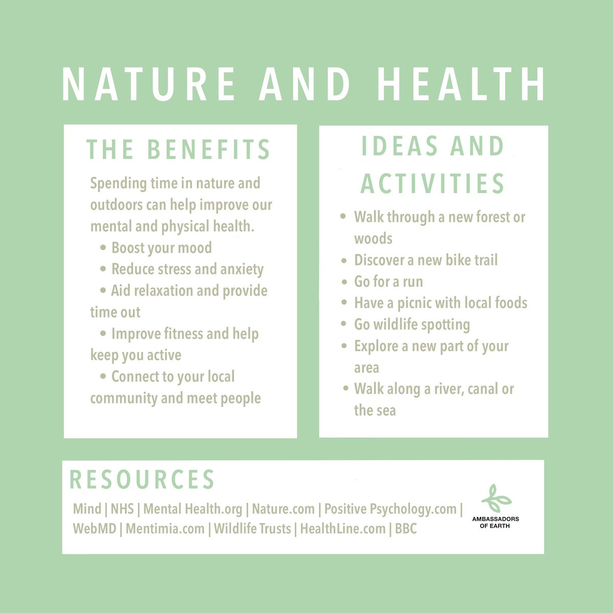 AOEarthUK's tweet photo. Nature and Health! 🏥🌍

Spending time in nature and outdoors is a great way to boost your mental and physical health, plus you get to connect with nature and spend time in the great outdoors! 🌳🚴‍♂️⛰ #youth #environment #ambassadorsofearth #earth #outdoors #health https://t.co/UU6HpEUpvX
