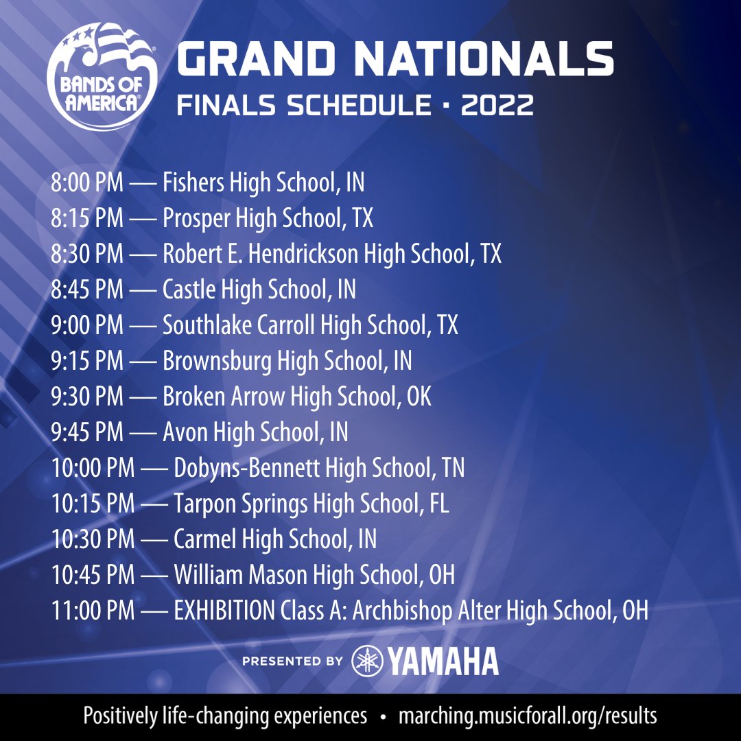 BANDSOFAMERICA's tweet photo. We've seen an incredible day of semi-finals performances. Congratulations to all of the finalists at the 2022 Bands of America Grand National Championships, presented by Yamaha. Leave it all on the field tonight! #boa2022 #marchboa https://t.co/4a0kIMqhXE