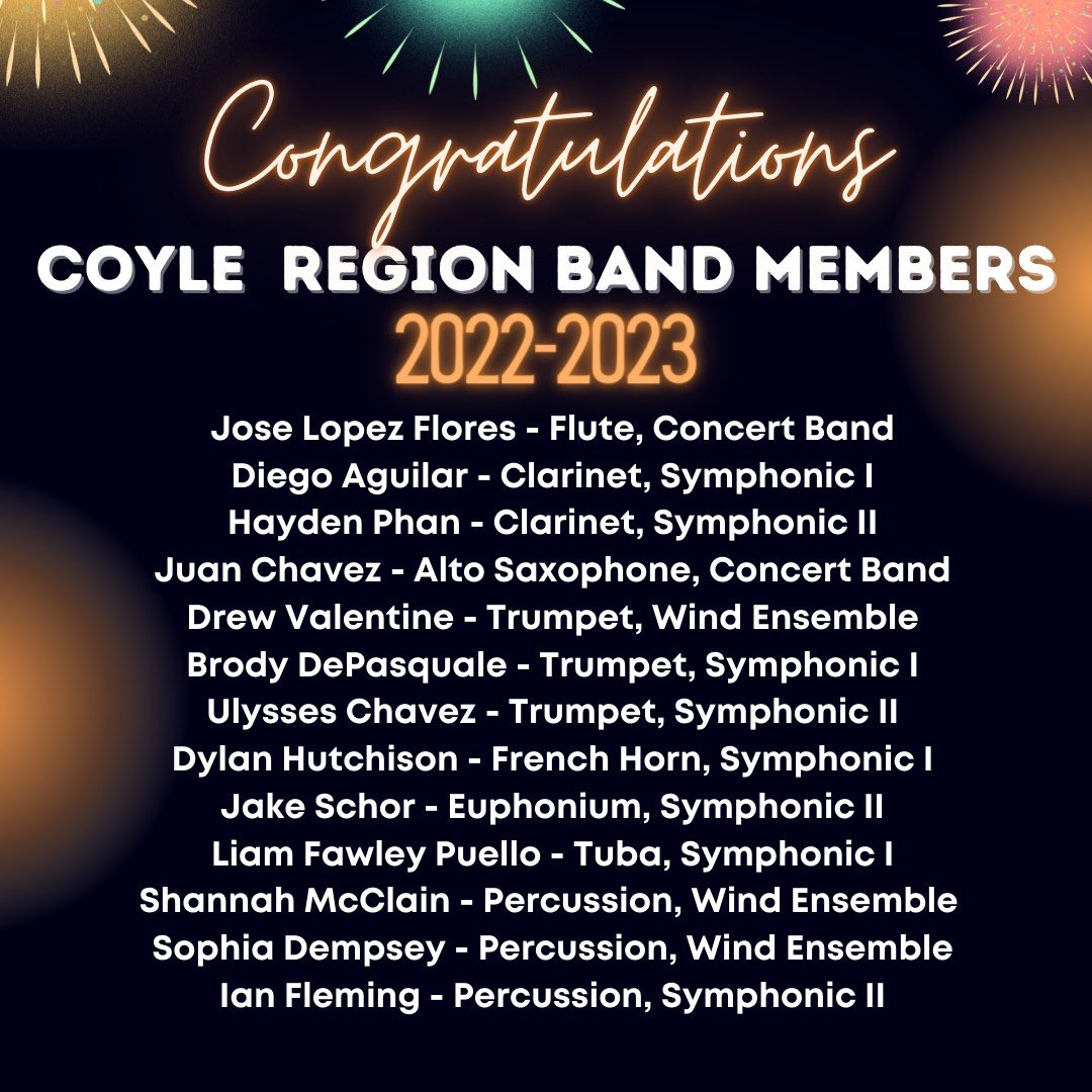 Another great day for our Coyle Band students!  We are proud of ALL of our students and the progress they've made over the semester.  CONGRATS to the following THIRTEEN students who are among the newest members of the Region Band! <a href="/Coyle_Cougars/">Coyle Technology Center</a> <a href="/GISDArts/">GISD Fine Arts</a>