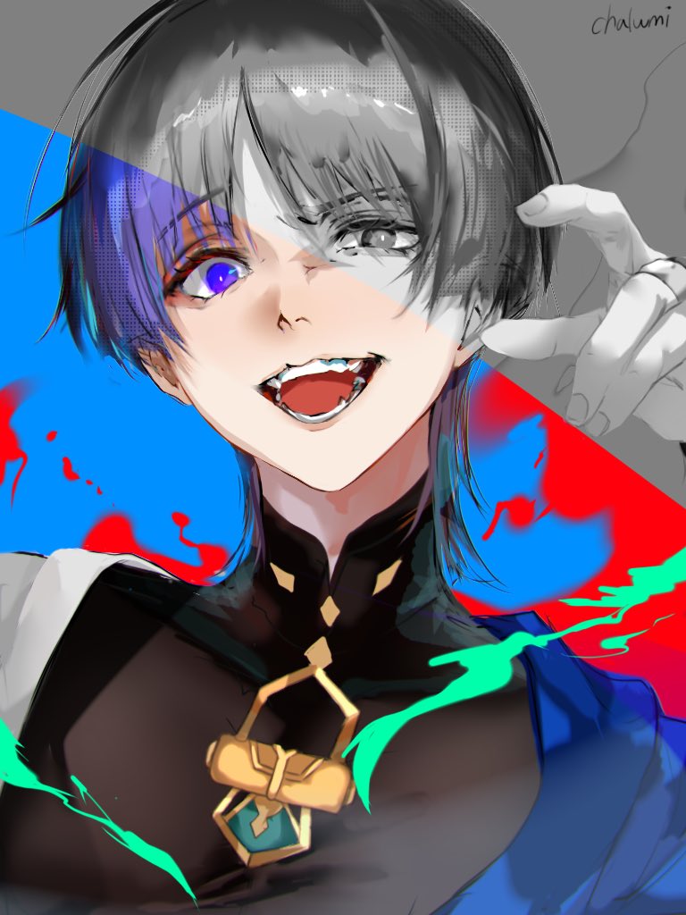 scaramouche (genshin impact) 1boy male focus solo teeth open mouth purple eyes bangs  illustration images