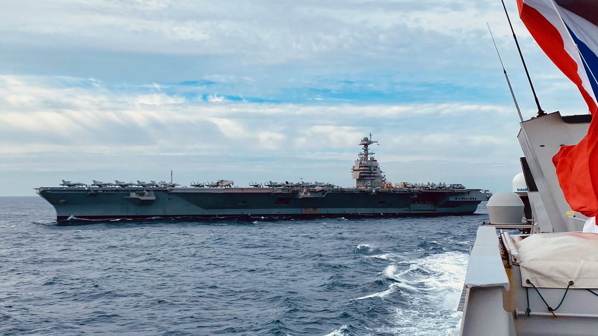 JasperBol's tweet photo. After finishing exercise Silent Wolverine, we have now said farewell to #CSG12 and @Warship_78 in dramatic fashion! L2 position, watching launches and recoveries! Thanks all!! @US2ndFleet @kon_marine https://t.co/ZoNznyIRAI