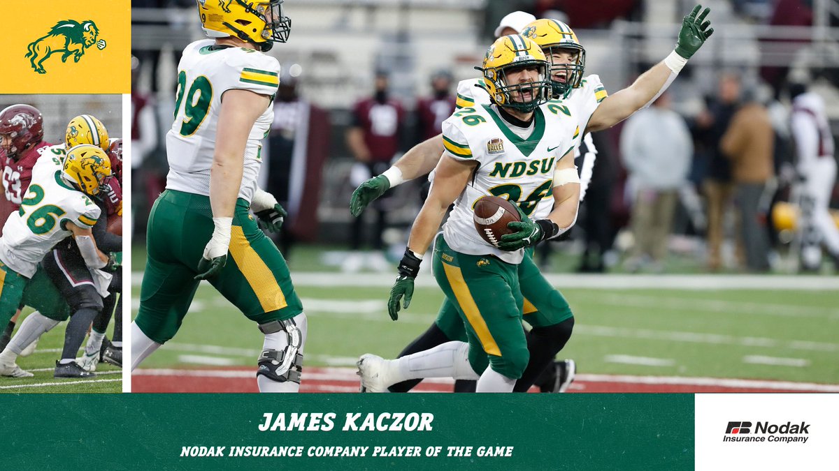 With a career-high 14 tackles and the game-clinching onside kick recovery, linebacker James Kaczor is the Nodak Insurance Company Player of the Game for NDSU's 21-18 win at Southern Illinois.