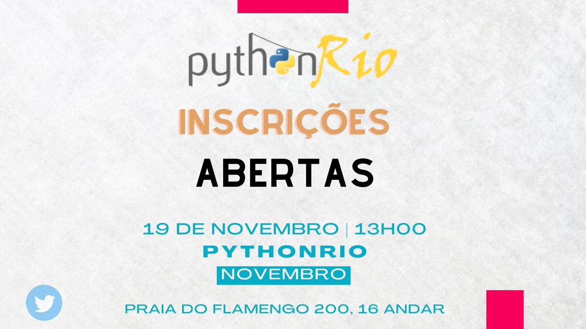 jamesperes's tweet image. Inscrições abertas!!!
forms.gle/GjS1Dbx7miSYUG…
#Python #pythonrio