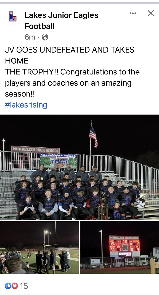 LakesFootball1's tweet photo. Congrats Lakes Jr Eagles JV team for winning their Superbowl and going undefeated.  Looking forward to next year. #lakesrising #justbeaneagle https://t.co/m5VjMaYO6r