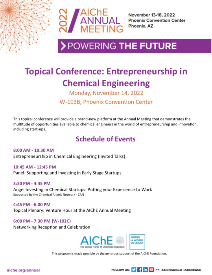 Rebooted and happening. Join us at the #AIChEAnnual <a href="/PhoenixConCtr/">Phoenix Convention Center</a> Monday Nov 14th Where industrial innovators and entrepreneurs will share their stories and engage. <a href="/ChEnected/">American Institute of Chemical Engineers (AIChE)</a> #Entrepreneurship #energy #Chemicals #AIChE2022