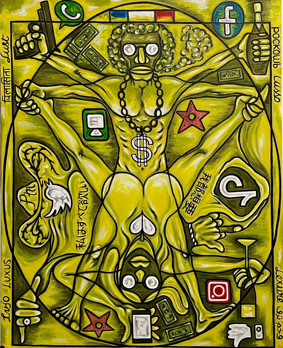 ivanbrens's tweet photo. “ Rockstar” a painting reflecting/ referring to the song from Post Malone with a fusion of a drawing from Leonardo da Vinci “the Vitruvian Man”.
 ….livin like a rockstar, smash out on a cop car, you know you are not hard, I done made the hot chart,” #postmalone #rapper #21savage https://t.co/1OgfYJ1M3c
