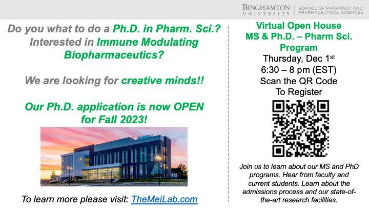 Our lab is looking for creative minds to join us studying Immune Modulating Biopharmaceutics! To learn more, please visit: TheMeiLab.com 

Feel free to get in touch if you’re interested! 

#phd  #phdposition #pharmaceutics #drugdiscovery #drugdelivery #nanomedicine