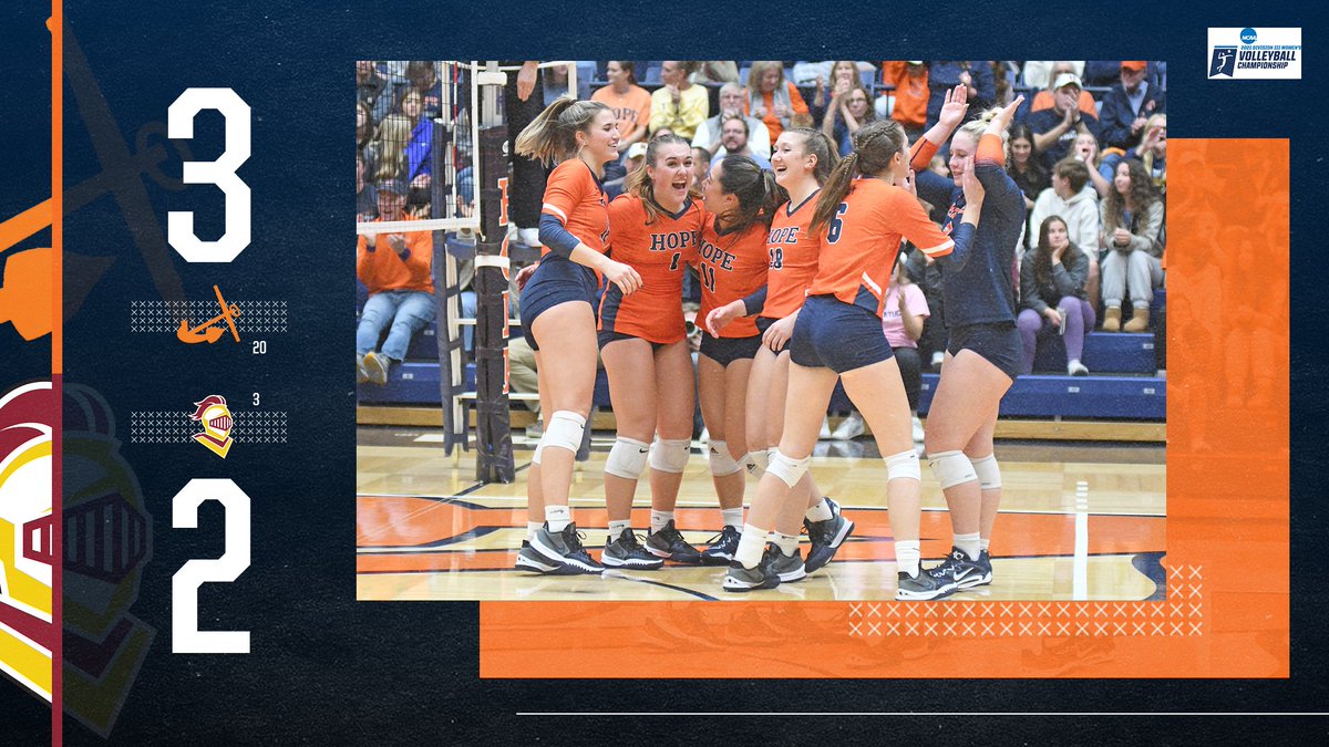 HopeAthletics's tweet photo. VICTORY! No. 20 Hope 3, No. 3 Calvin 2. The Flying Dutch punch their ticket to the NCAA Division III national quarterfinals next week in Pittsburgh by winning a 5-set thriller at Calvin. Hope beats three Top 10 foes in three days for the regional title. #StrongandTrue #d3vb https://t.co/WdMZK1qN3e