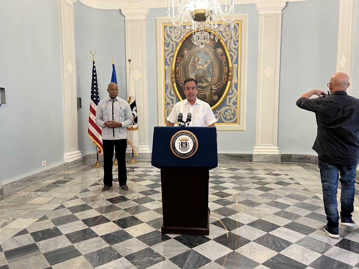 NYCMayor's tweet photo. Joined my friend and colleague Mayor @Miguel_Romero_ to talk about the bond between New Yorkers and our fellow Americans in Puerto Rico. 

Humbled to receive the 500th Anniversary of the Founding of San Juan Medal for the work NYC did after Hurricane Fiona. https://t.co/kpUYKpfJPJ