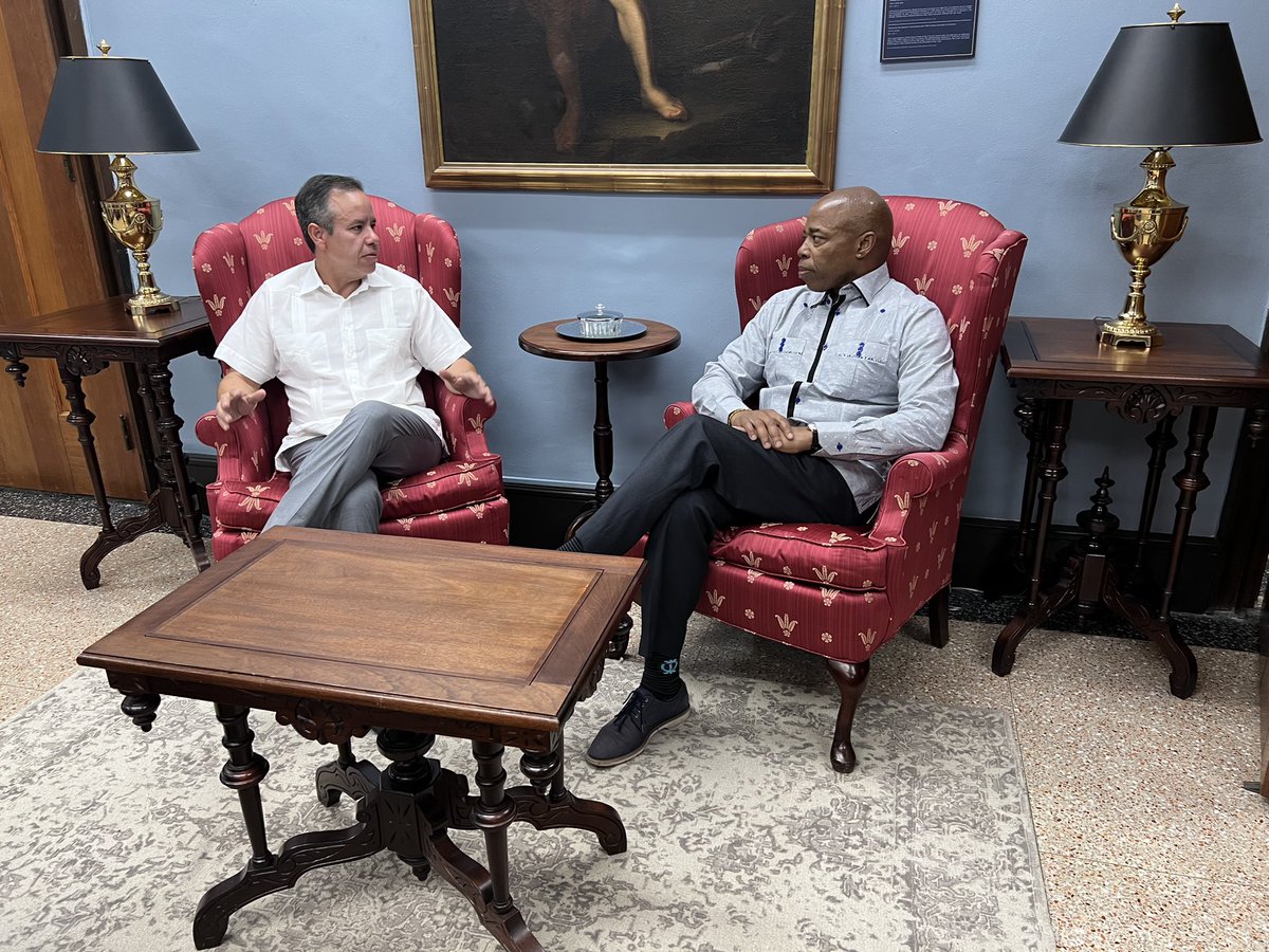 NYCMayor's tweet photo. Joined my friend and colleague Mayor @Miguel_Romero_ to talk about the bond between New Yorkers and our fellow Americans in Puerto Rico. 

Humbled to receive the 500th Anniversary of the Founding of San Juan Medal for the work NYC did after Hurricane Fiona. https://t.co/kpUYKpfJPJ