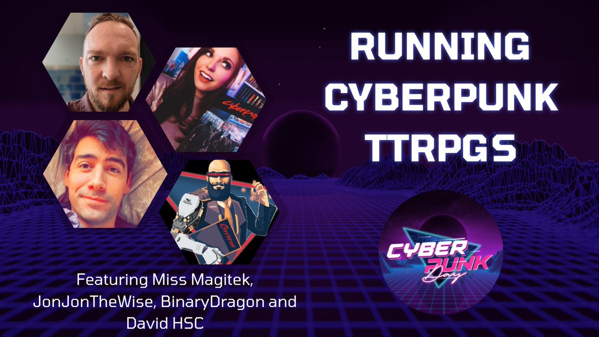 HAPPENING NOW: Join Running Cyberpunk TTRPGs with <a href="/Miss_Magitek/">Tracie</a>, <a href="/jonjonthewise/">JonJonTheWise</a>, <a href="/binarydragon/">Binary Dragon</a> and <a href="/HighShelfDavid/">HSC David</a>!

Streaming now over on: twitch.tv/cyberpunkday.

#cyberpunk #TTRPGs #cyberpunkred