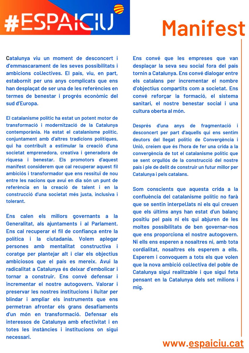 💡Aquí teniu el nostre manifest! 

Som un punt de trobada de tots aquells que creiem que Catalunya es mereix un futur millor! 

Entra a la web espaiciu.cat i apunta't! T'estem esperant!