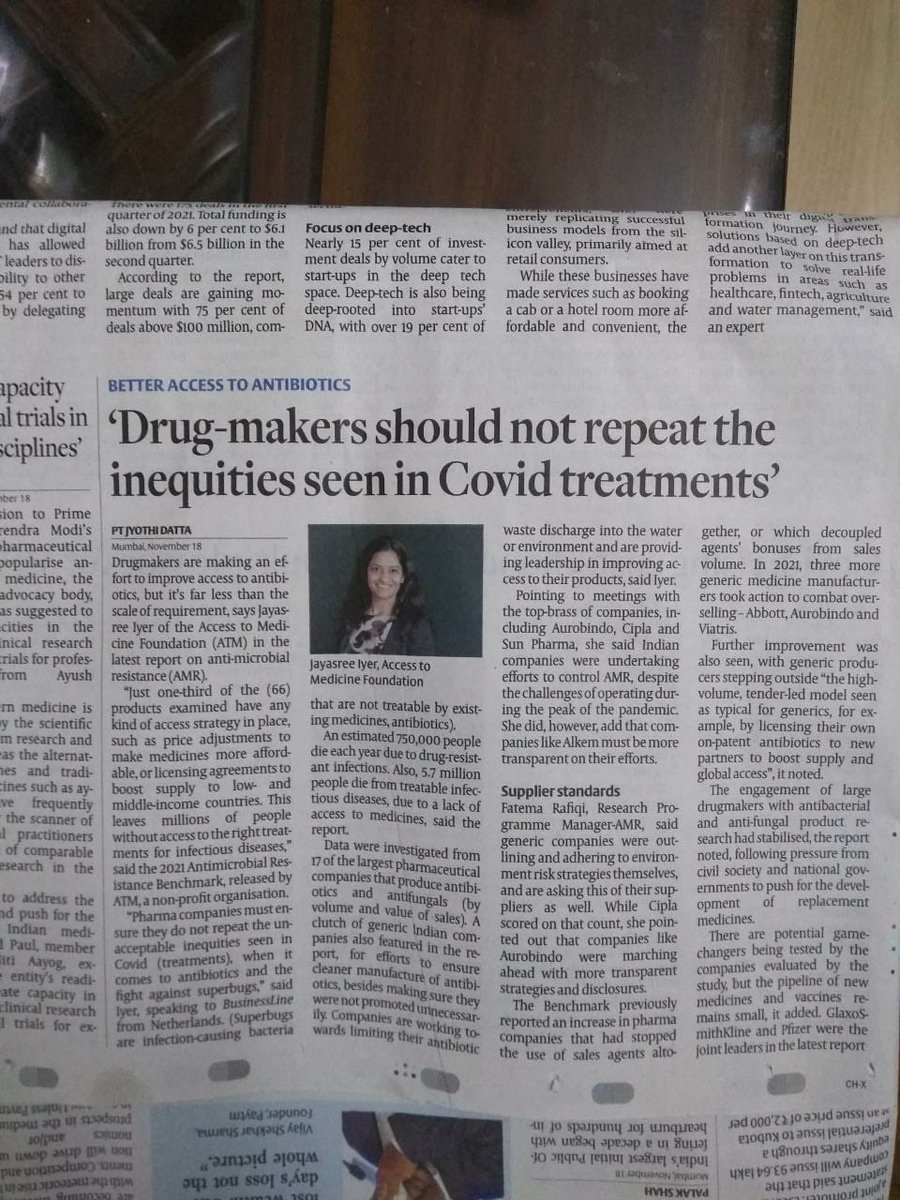 SuzanneWolfATMI's tweet photo. #waaw2022 this week! Our CEO @JayasreeKIyer and #amr Research Manager @FatemaRafiqi in piece from @jo_da123 in @thehindu about latest results #AMRBenchmark 21. Still true, still current. @damidefelice @HananBalkhy #goblue #stopsuperbugs https://t.co/Izqzq9BQrc