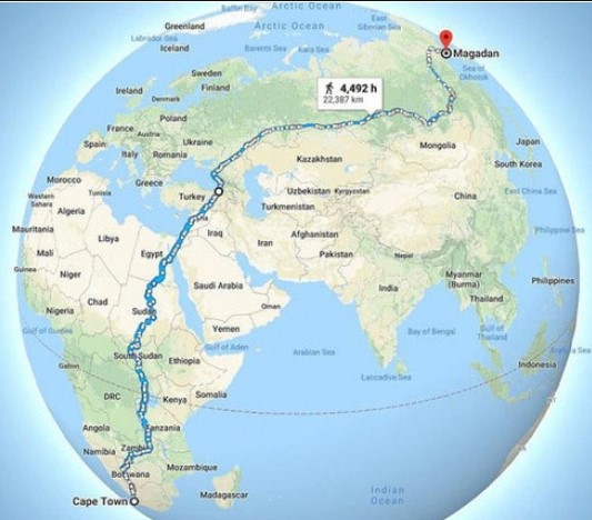 La route la plus longue au monde qu'on peut faire à pied sans prendre de bateau ou d'avion. El marchant 8 heures par jour à une allure normale, il vous faudra 587 jours pour relier Cape Town à Madagan...