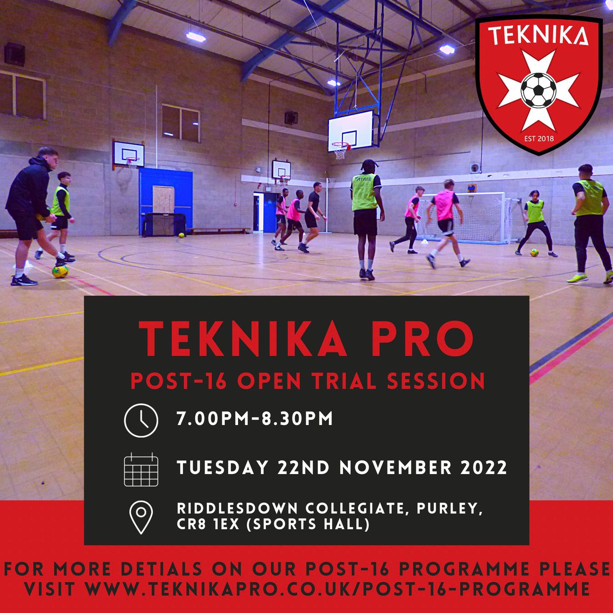 Teknika_Pro's tweet photo. TRIAL DAY TUESDAY 

November 22nd | Riddlesdown Collegiate | Sports Hall | 7-8:30pm

Do you want to join a well rounded football-education programme that combines great education with professional football coaching?  

#RiddlesdownCollegiate &amp; #TheQuestAcademy https://t.co/iKXeVOyDvr