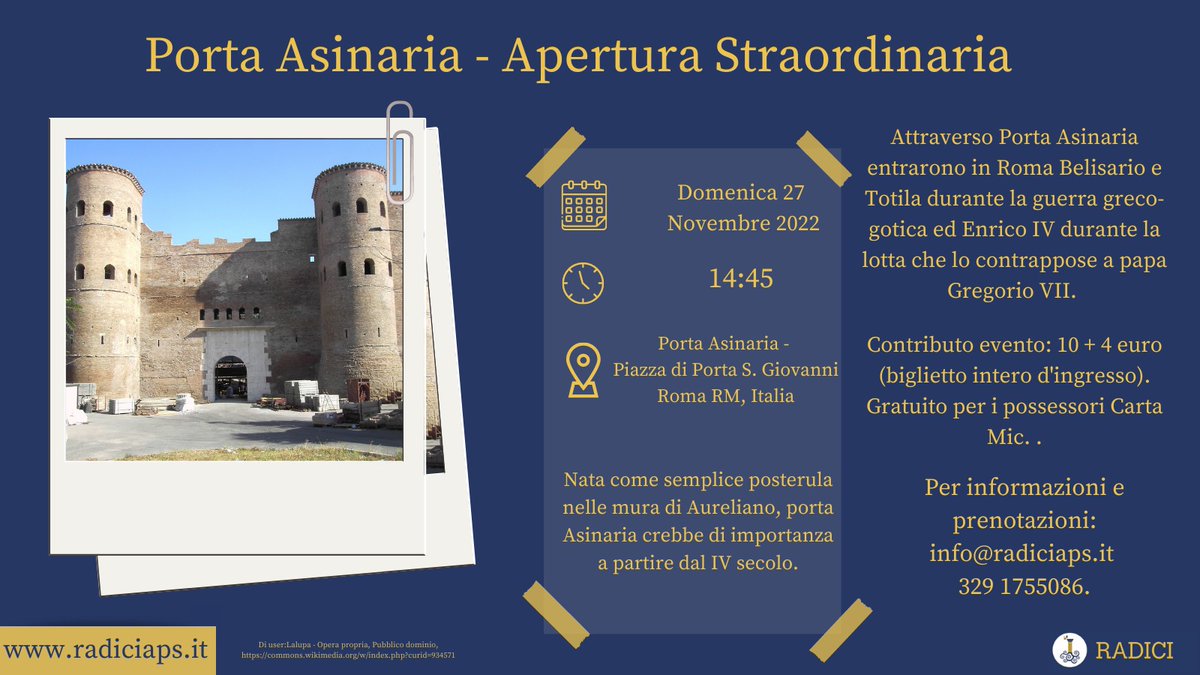 🏰 Porta Asinaria - Apertura Straordinaria
🗓 Domenica 27 Novembre ore 14;45
📍 Porta Asinaria - Piazza di Porta S. Giovanni
Vi aspettiamo, per la scoperta di questo monumento!
#radiciaps #cultura #visiteguidate #accessibilità 
#inclusione #esperienze #storia #27Novembre