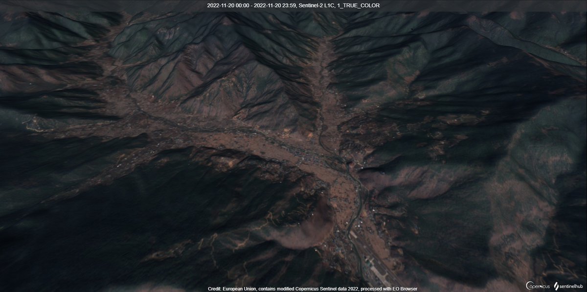 DarMo68's tweet photo. The Kingdom of #Bhutan - a landlocked country in #SouthAsia, the #Himalayas #DrukJul (Kingdom of the Dragon) the capital of #Timphu the valley of the city of #Paro with an international airport
Image taken 20.11.22 by #Copernicus🇪🇺
#Sentinel2🛰️ (True color)
@sentinel_hub @esa https://t.co/BrerfwpCQU