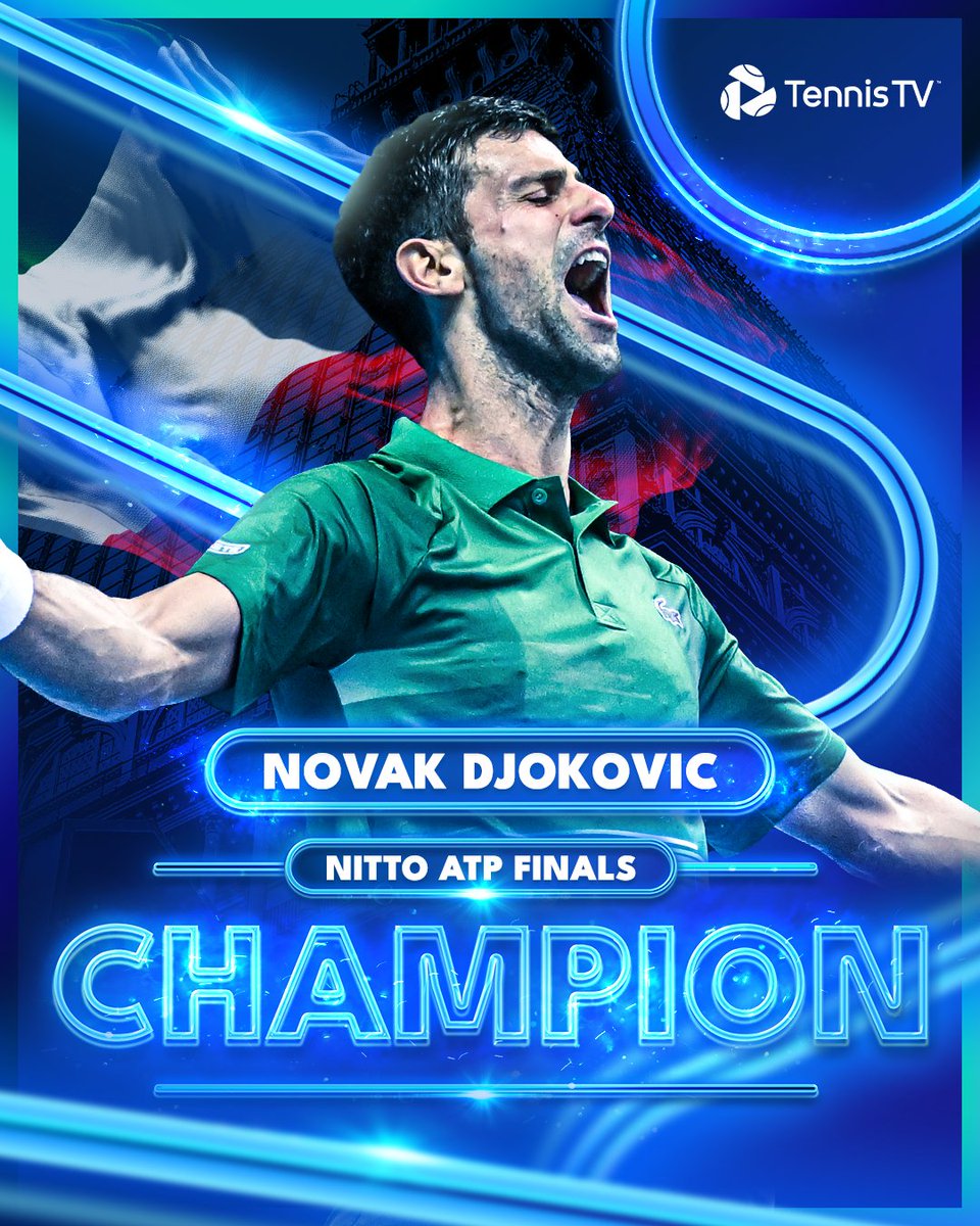 TennisTV's tweet photo. Unrelenting. Unbreakable. UNDEFEATED.

@DjokerNole wins a record-equalling SIXTH #NittoATPFinals title - defeating Ruud 7-5 6-3 to win in Torino!! https://t.co/U4fKGkq4eU