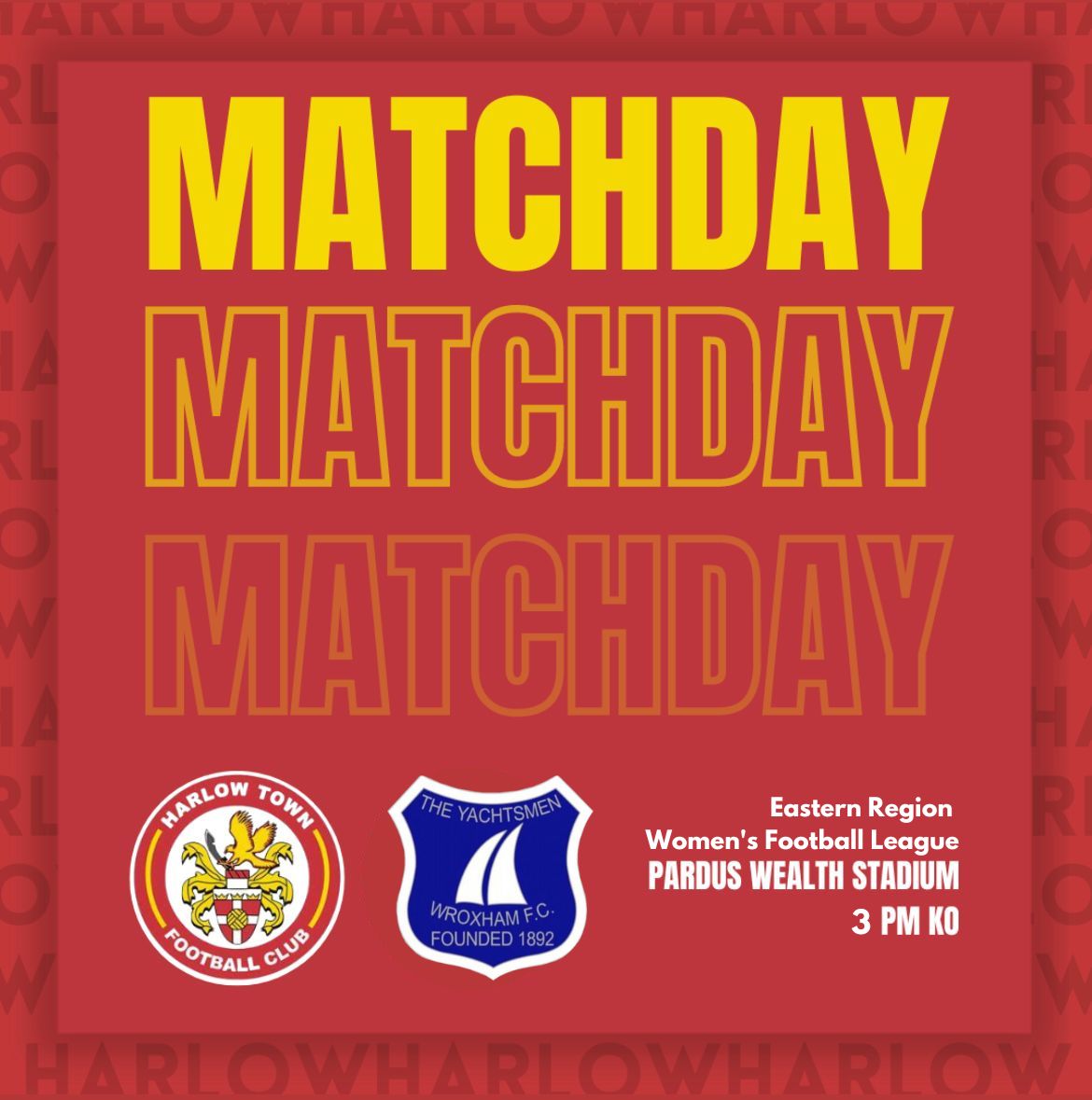 Its Matchday !! 🥳🥳

🆚  Wroxham (H) (<a href="/WroxhamWomen/">Wroxham Women</a>)
📍 The Pardus Wealth Stadium (CM19 5BE)
🎫  Free Entry 
📅  Sunday 20th November 
🕑 3 PM KO

See you there 👊🏼I

#Hawks
#WeAreHarlow