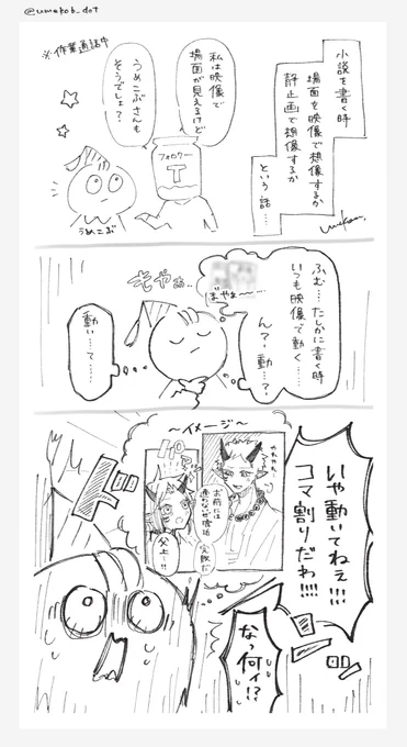 昨日、もくりで

「小説を書く時、頭の中で、その場面を映像として見ているか。それとも静止画として見ているか」

みたいな話をしたんだけど、意外と自分の文章の傾向(弱点)と結びついてて面白かったよっていう話。 